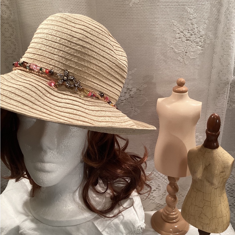 Cappelli Ecru Straw World Women’s Summer Floppy Hat, Visor Rhinestones /Beads